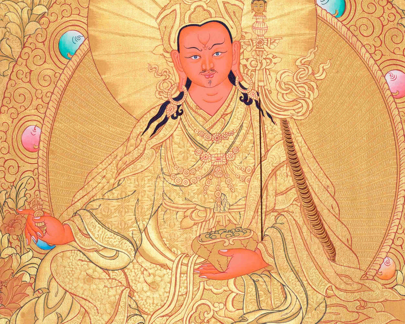 Guru Rinpoche In Full Gold Thangka Painting | Padmasambhava Thangka | Traditional Buddhist Handmade Thanka | Yoga Meditation Wall Hanging