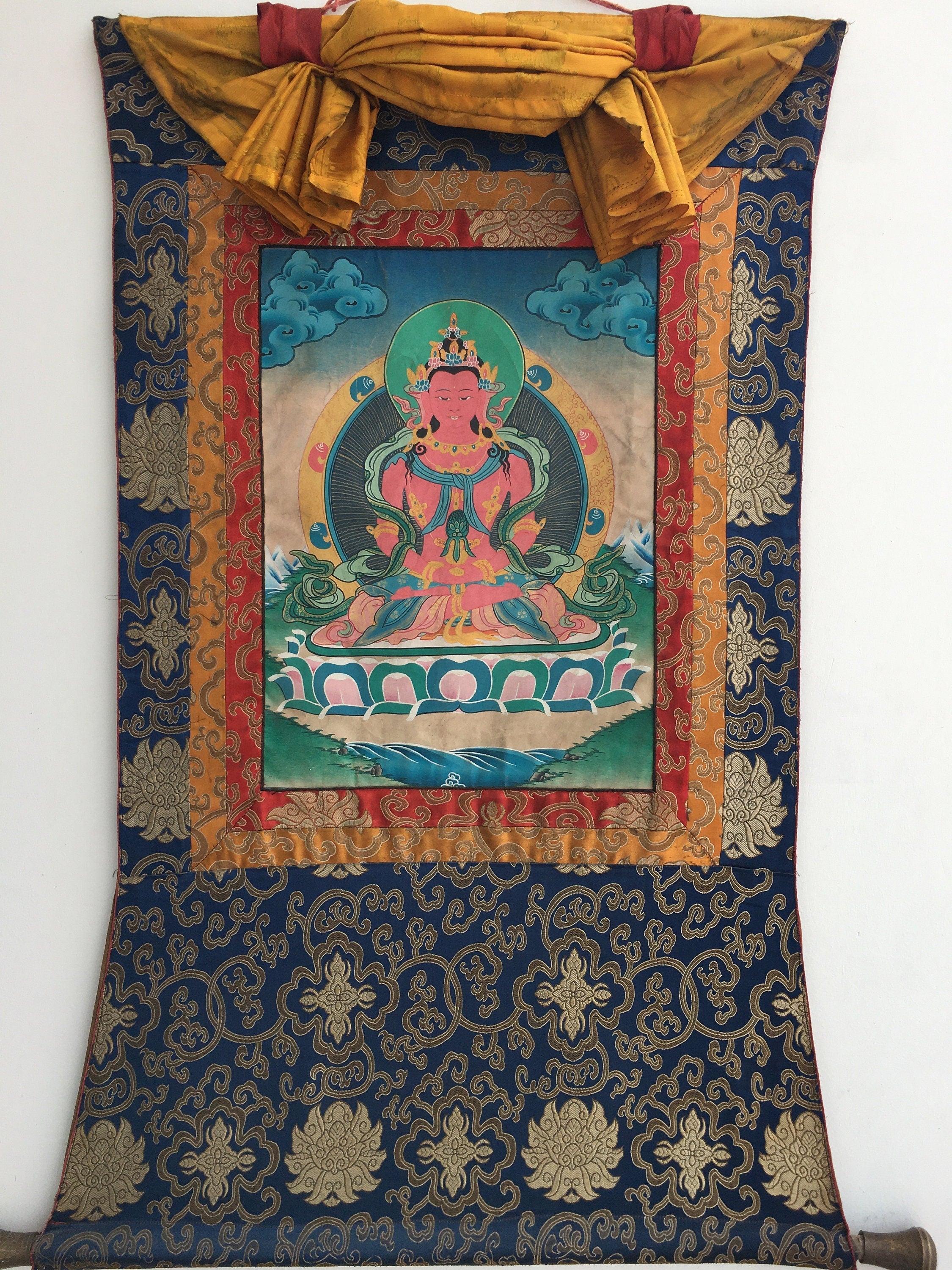 Vintage Amitayus Buddha Thangka |Brocade Mounted Tibetan Thangka | Spiritual Gift