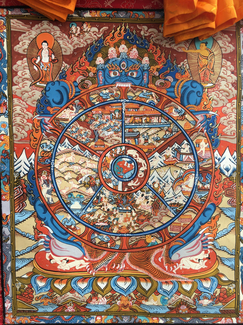 Original Hand-Painted Wheel of Life Thangka With Brocade | Samsara