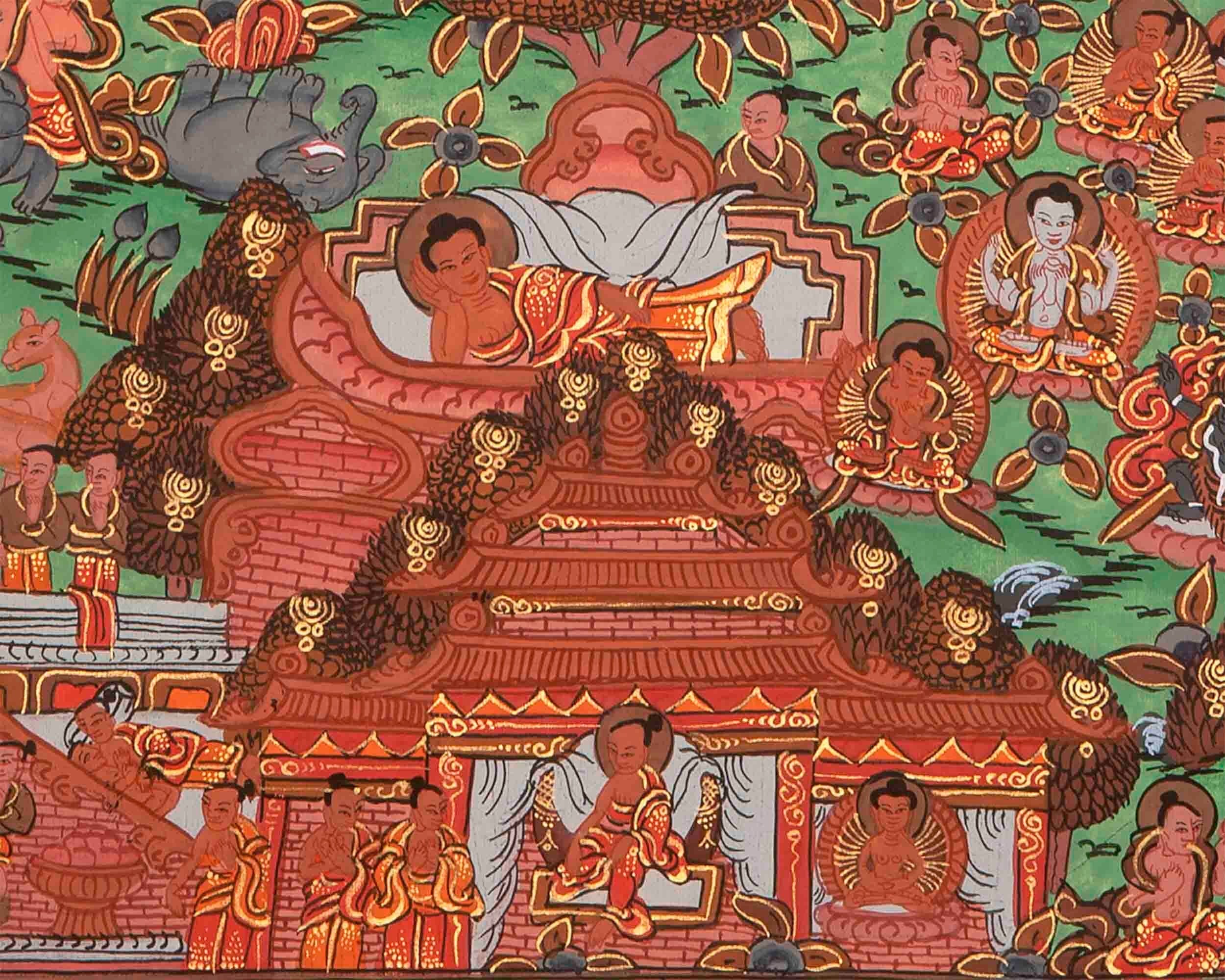 Hand-Painted Buddha Life Story Thangka with Brocade Frame | Tibetan Thangka Painting |