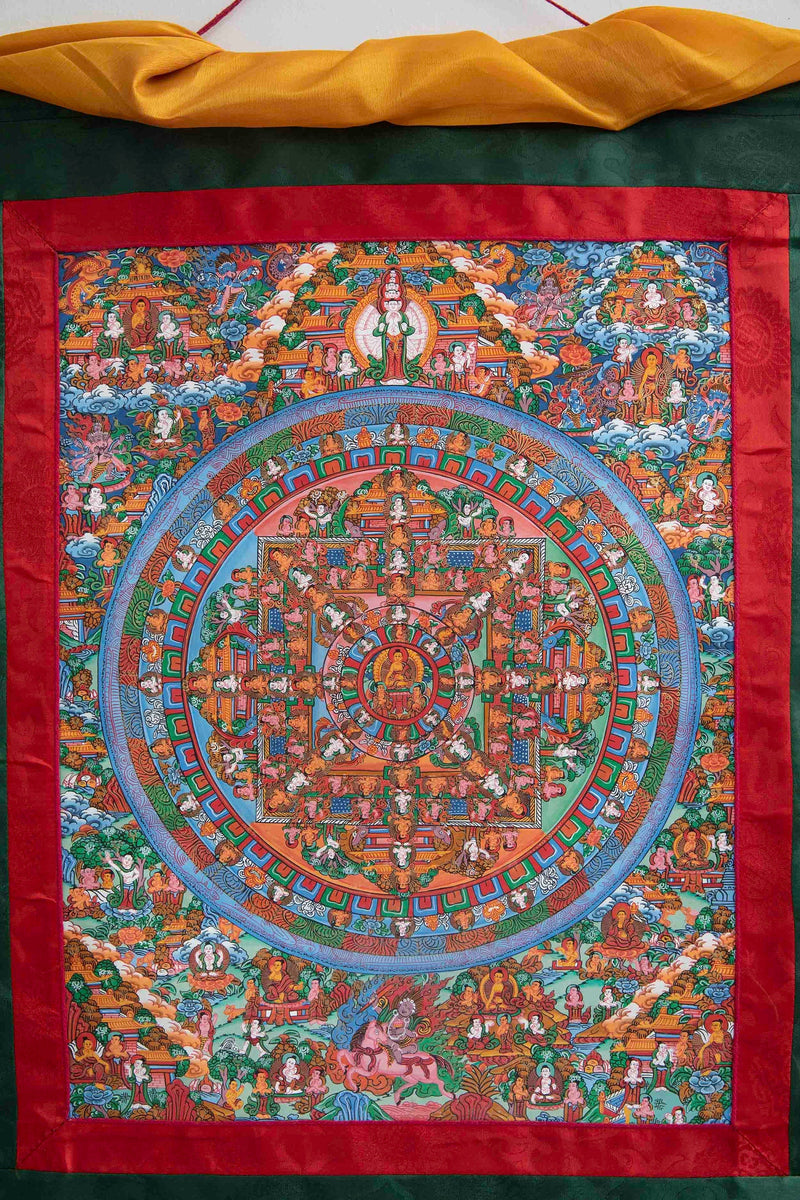 Hand-Painted Original Buddha Mandala Thangka with Brocade | Tibetan Wall Hanging