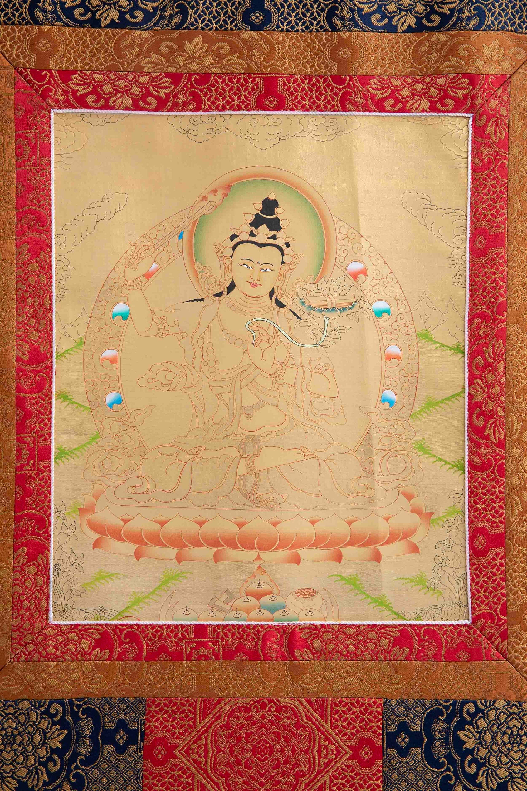Full Gold Style Manjushri with Brocade | Bodhisattva Thangka Painting