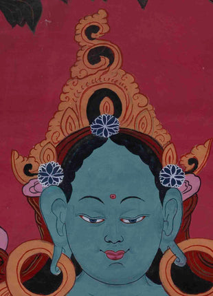 30+ Year Big Size Green Tara Thangka Surrounded By Boddhisattvas | Wall Decor Painting