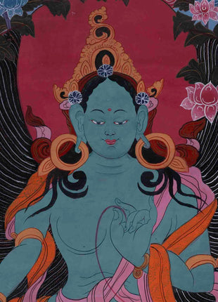 30+ Year Big Size Green Tara Thangka Surrounded By Boddhisattvas | Wall Decor Painting