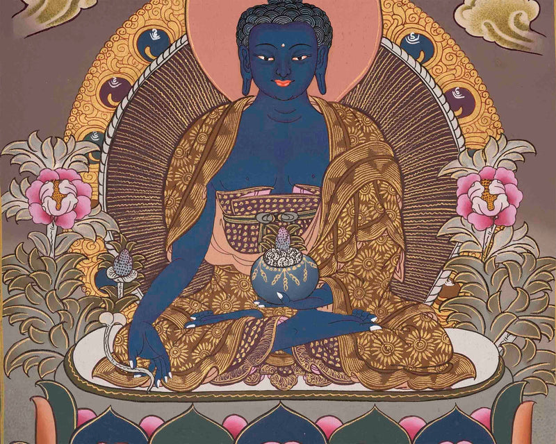 Original Hand-Painted Blue Medicine Buddha Thangka | Bhaisajyaguru Thanka Painting