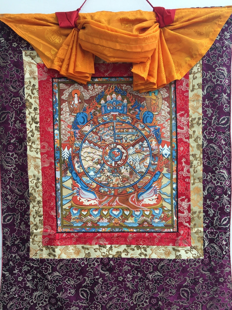 Original Hand-Painted Wheel of Life Thangka With Brocade | Samsara