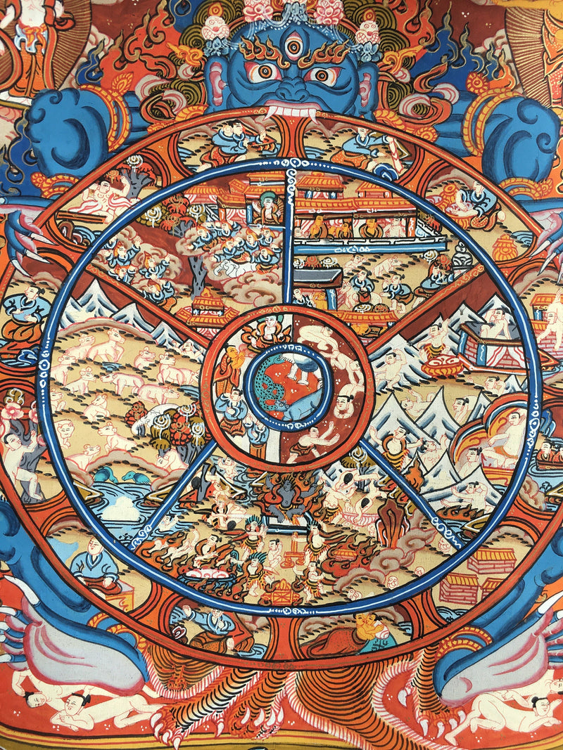 Original Hand-Painted Wheel of Life Thangka With Brocade | Samsara