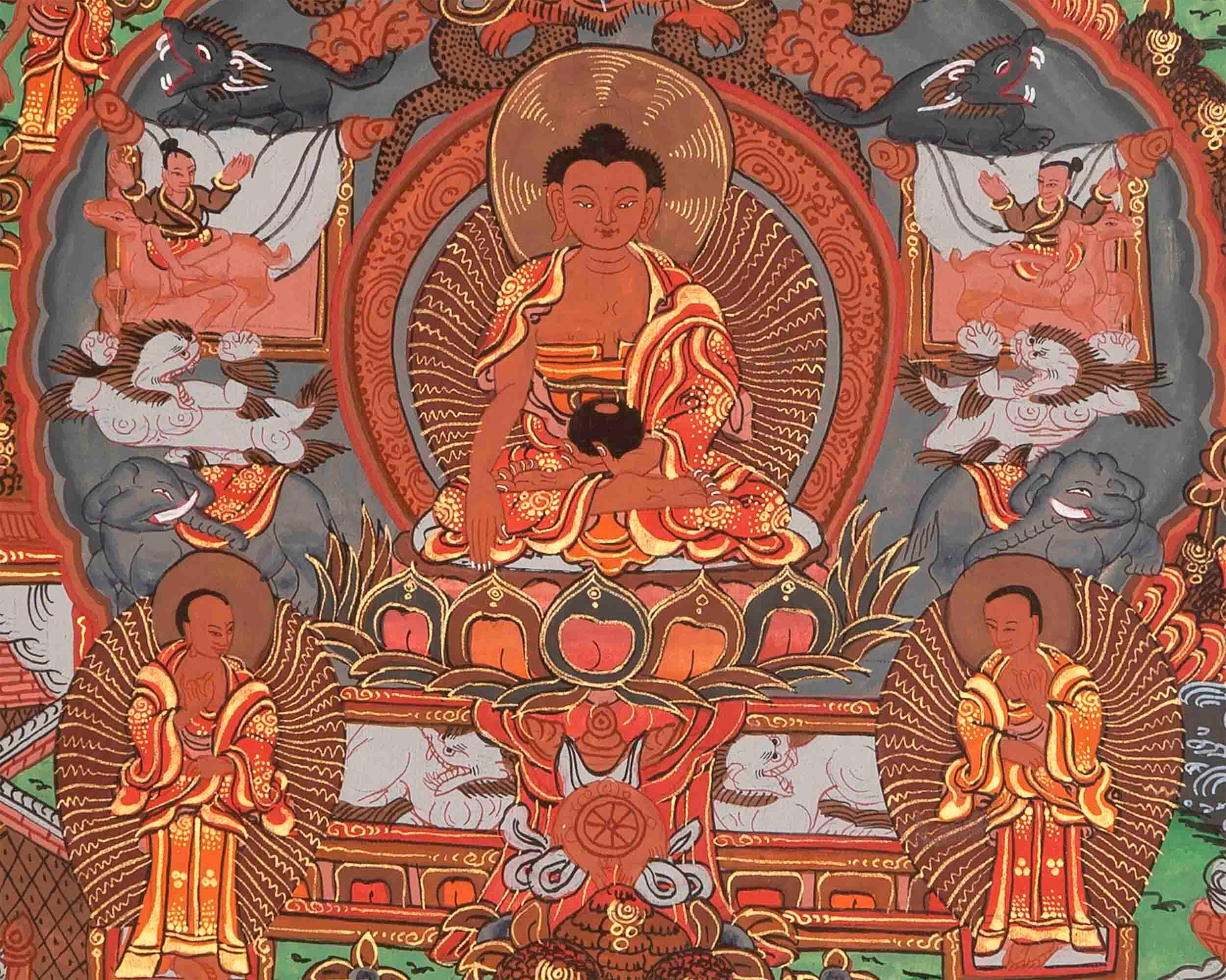 Hand-Painted Buddha Life Story Thangka with Brocade Frame | Tibetan Thangka Painting |