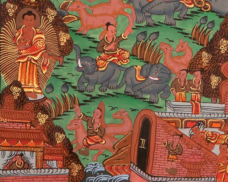 Hand-Painted Buddha Life Story Thangka with Brocade Frame | Tibetan Thangka Painting |