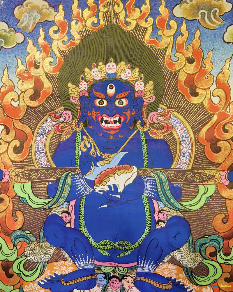 Sakya Mahakala Painting With Blue Brocade | Hand-Painted in Nepal