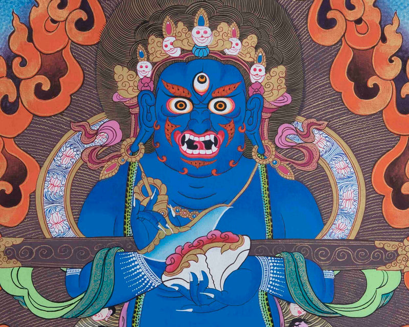 Sakya Mahakala Thangka with Dark Blue Brocade | Tibetan Wall Hanging Decor