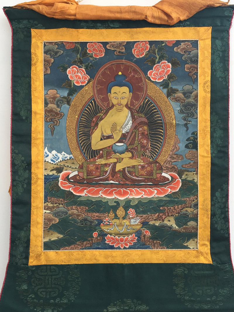 Old Blessing Buddha Thangka Painting with Brocade | Very Rare Tibetan Wall Hanging