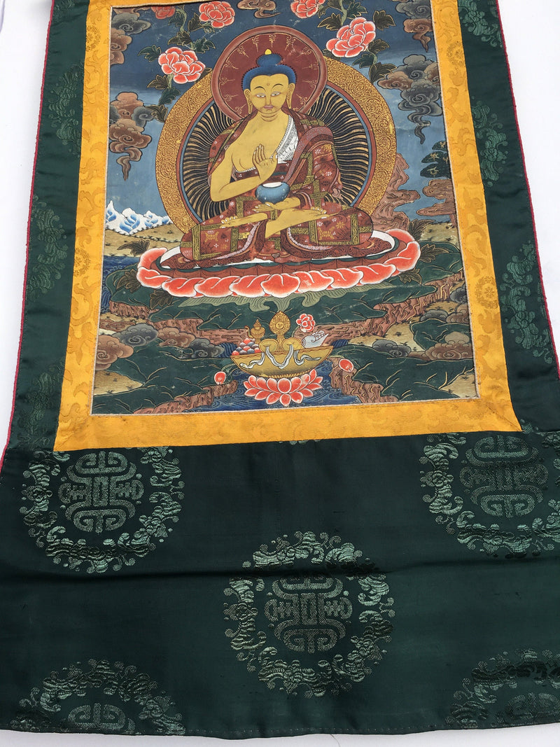 Old Blessing Buddha Thangka Painting with Brocade | Very Rare Tibetan Wall Hanging