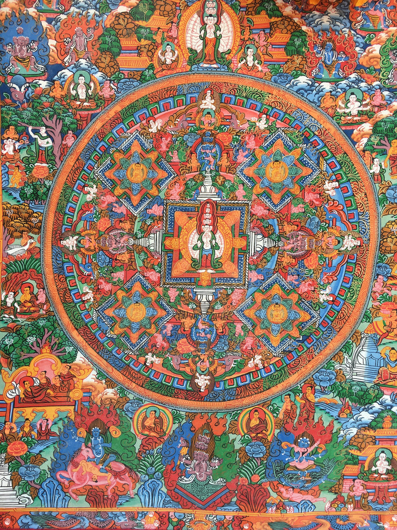 Avalokiteshvara Buddha Mandala Thangka with Brocade | Avalokiteshvara Mandala