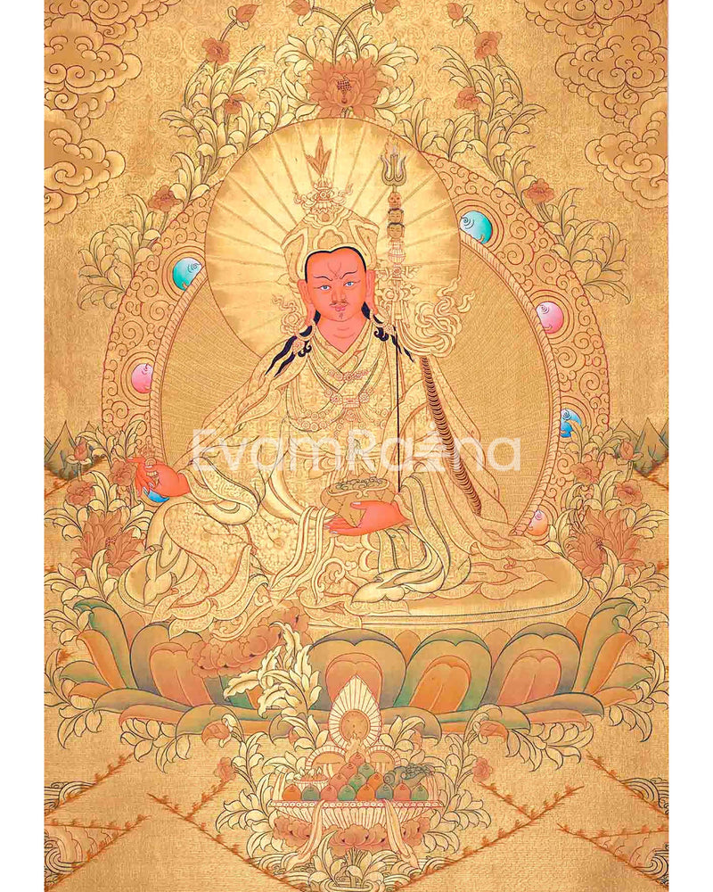 Guru Rinpoche In Full Gold Thangka Painting | Padmasambhava Thangka | Traditional Buddhist Handmade Thanka | Yoga Meditation Wall Hanging