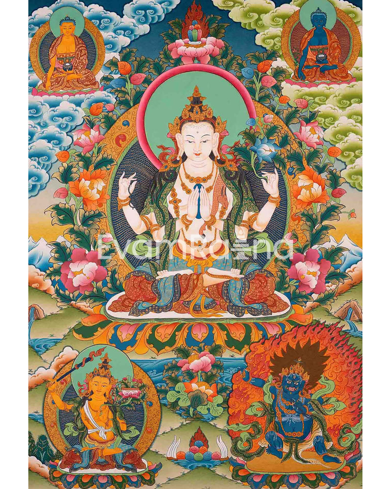 Avalokitesvara Chengrezig Thangka Flanked By Other Bodhisattva | Wall Decoration Painting |