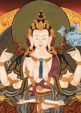 Amitabha Buddha and Chengrezig Thangka Painting | Tibetan Buddhist Wall Hanging Art for Peace |