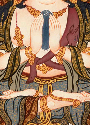 Amitabha Buddha and Chengrezig Thangka Painting | Tibetan Buddhist Wall Hanging Art for Peace |