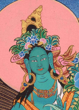 Original Hand-Painted Green Tara Thangka | Tibetan Female Bodhisattva Painting