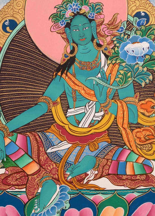 Original Hand-Painted Green Tara Thangka | Tibetan Female Bodhisattva Painting