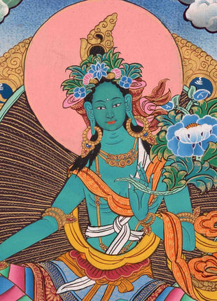 Original Hand-Painted Green Tara Thangka | Tibetan Female Bodhisattva Painting