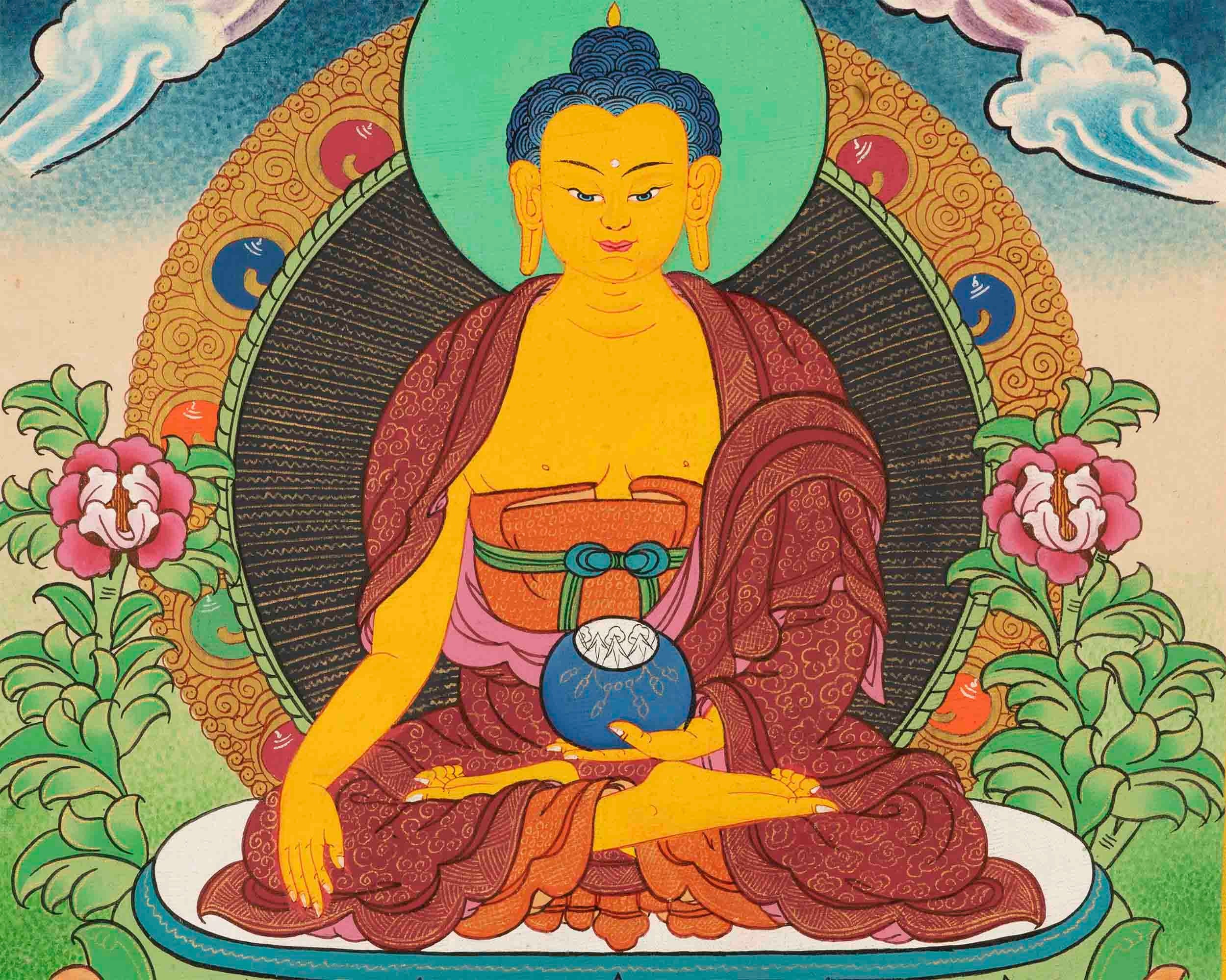 Original Hand-Painted Shakyamuni Buddha & Chenrezig Canvas Art | Thangka Painting