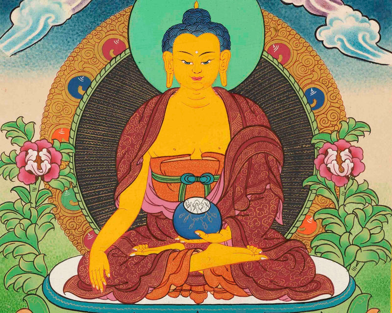 Original Hand-Painted Shakyamuni Buddha & Chenrezig Canvas Art | Thangka Painting