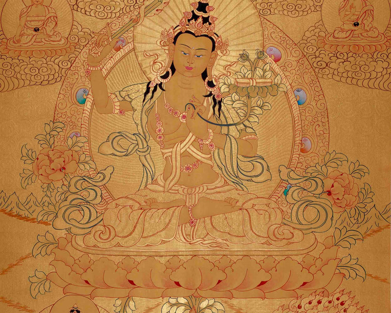 Gold Style Manjushri Thangka with Buddhas & Bodhisattvas | Original Tibetan Thangka