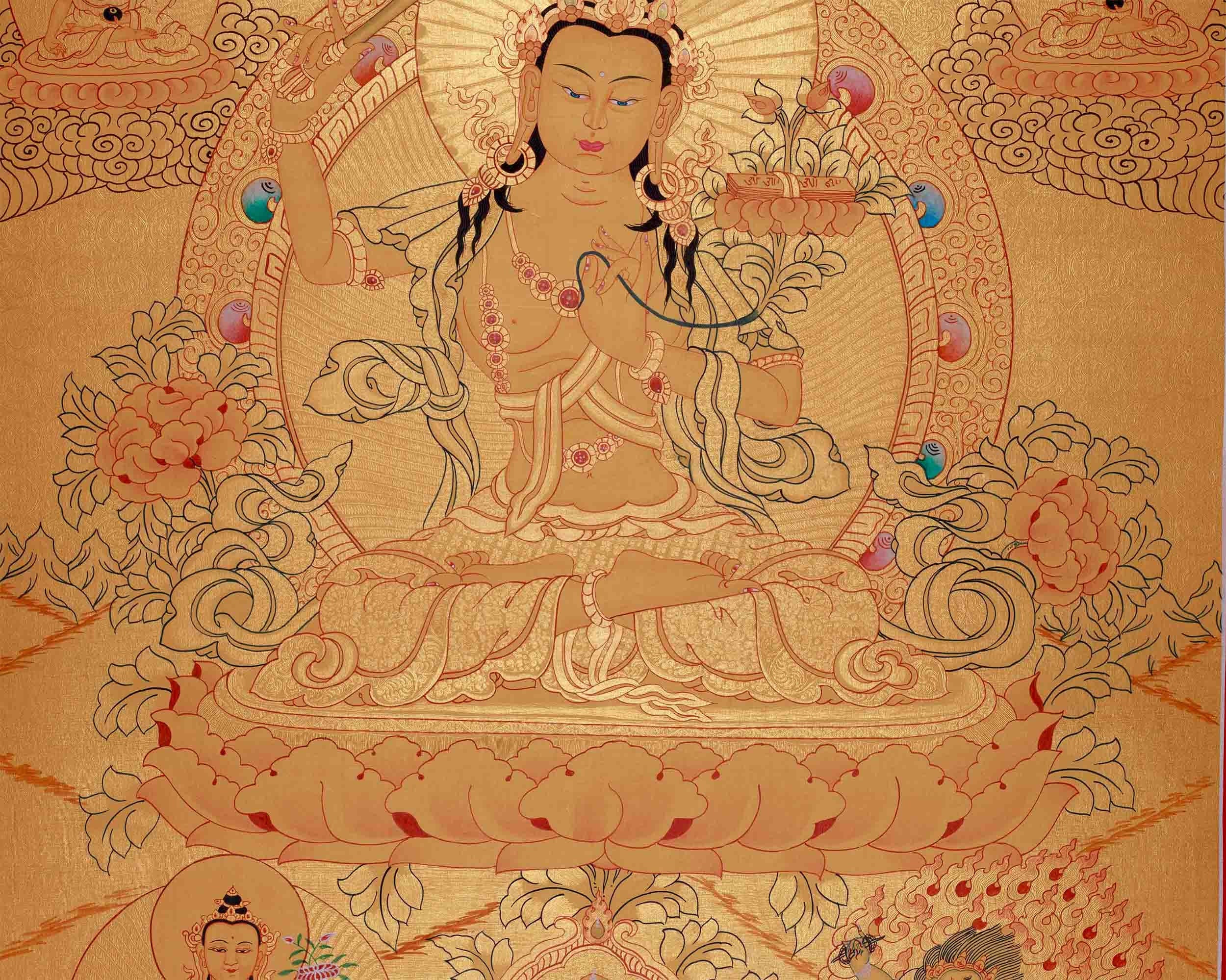 Gold Style Manjushri Thangka with Buddhas & Bodhisattvas | Original Tibetan Thangka