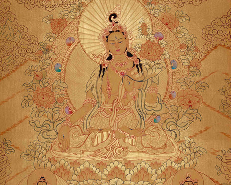 Gold Style White Tara Flanked with other Bodhisattva | Tibetan Buddhism Thangka