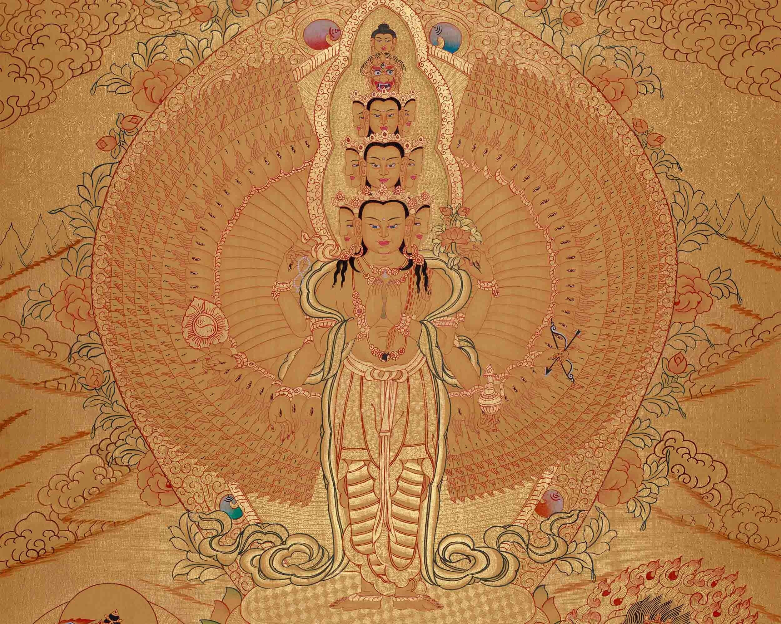 Gold Style Lokeshvara Thangka | 1000 Armed Chenresig Avalokiteshvara Painting