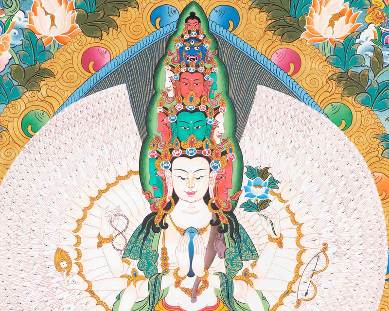 1000 Armed Lokeshvara Thangka with White Tara, Amitabha, Manjushri, and Vajrapani