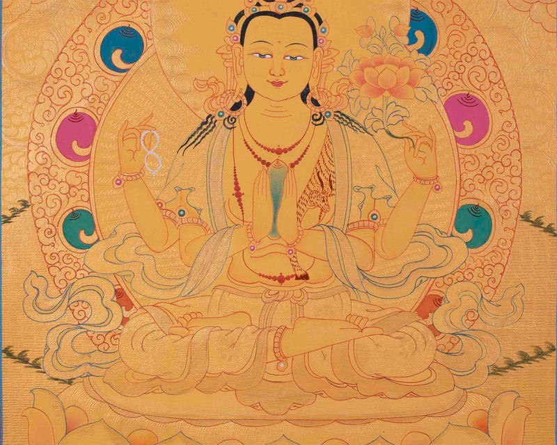 Four Armed Chengrezig Thangka Painting | Avalokiteshvara Arts | Bodhisattva Thangka |