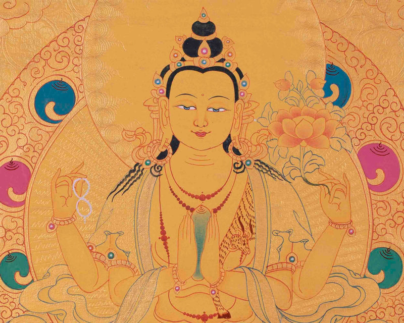 Four Armed Chengrezig Thangka Painting | Avalokiteshvara Arts | Bodhisattva Thangka |