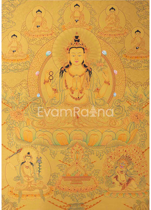 Original 24K Full Gold Four-Armed Chenrezig with Five Dhyani Buddhas, Manjushri, and Vajrapani |