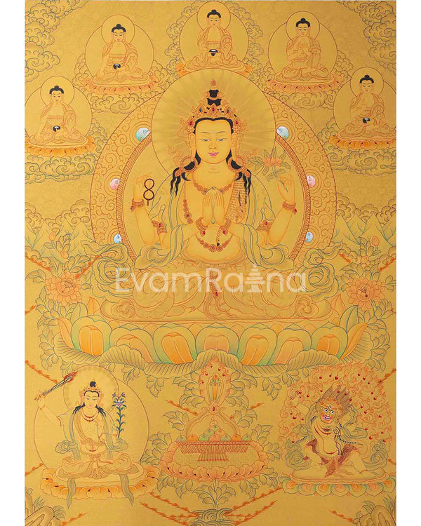 Original 24K Full Gold Four-Armed Chenrezig with Five Dhyani Buddhas, Manjushri, and Vajrapani |