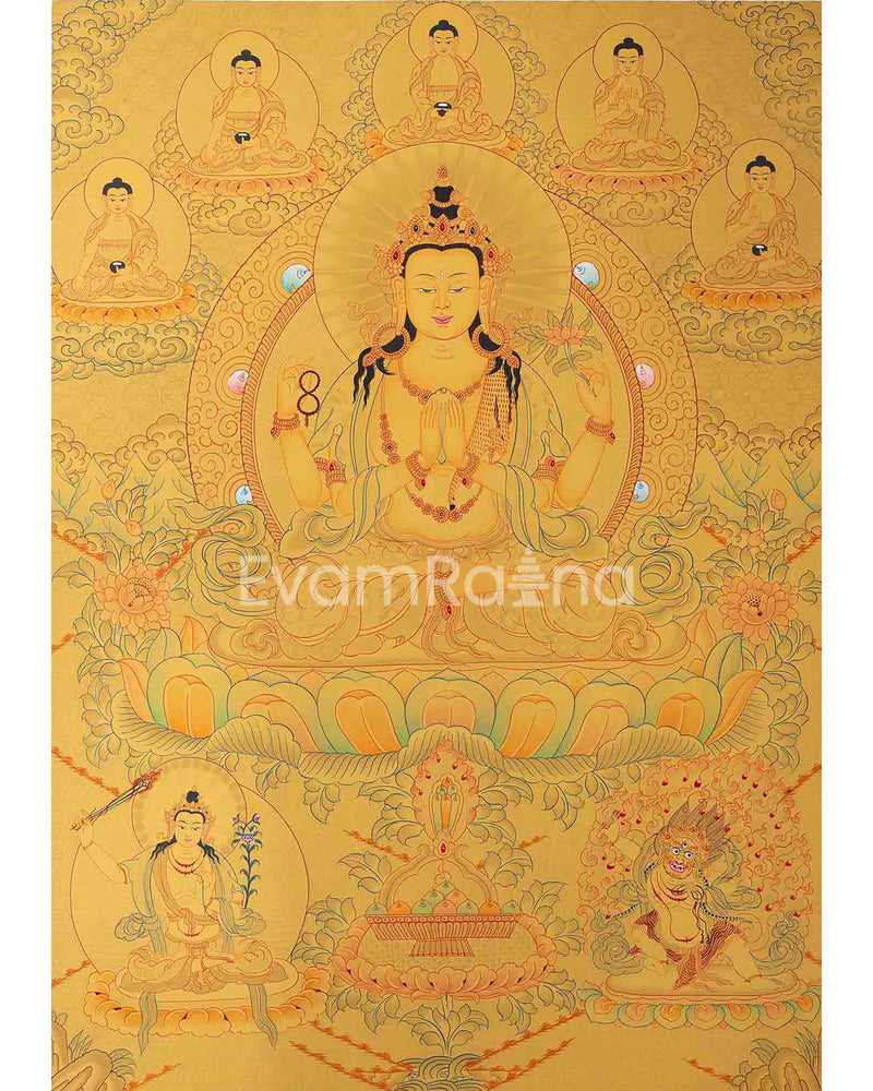 Original 24K Full Gold Four-Armed Chenrezig with Five Dhyani Buddhas, Manjushri, and Vajrapani |