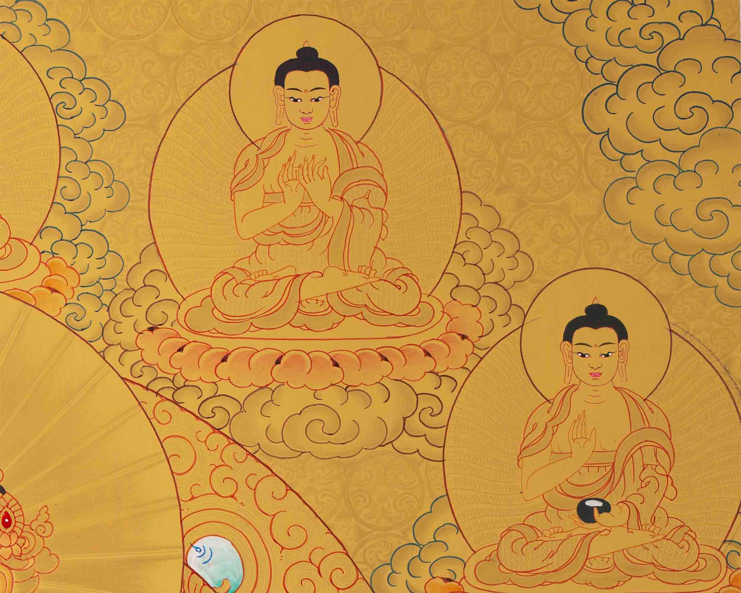 Original 24K Full Gold Four-Armed Chenrezig with Five Dhyani Buddhas, Manjushri, and Vajrapani |