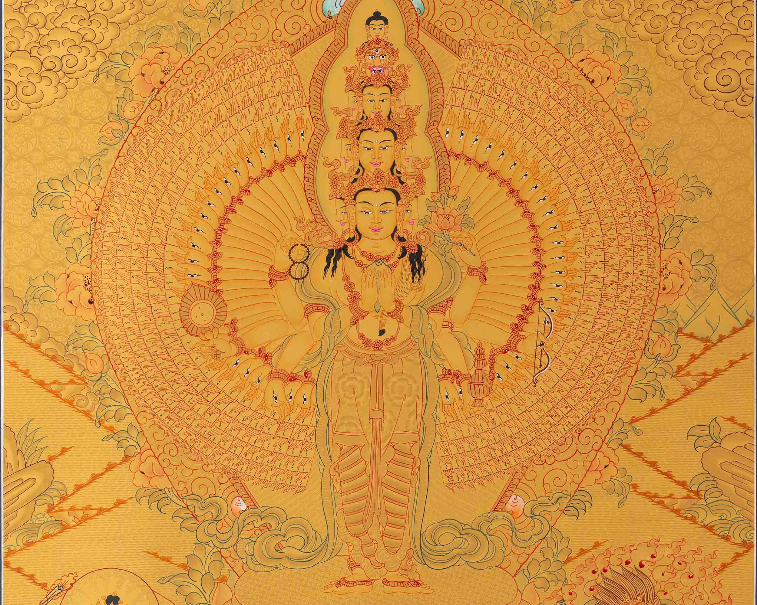 Full Gold Lokeshvara Thangka with White Tara, Buddha, Green Tara, Manjushri, and Vajrapani | Guardian of Infinite Compassion |Spiritual Arts