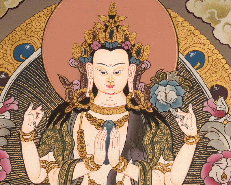 Beautifully Hand-Painted Four-Armed Chengrezig | Avalokiteshvara Thangka Painting | Compassionate Bodhisattva | Spiritual and Religious Arts