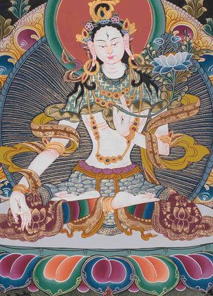 Original Hand-Painted White Tara | Tibetan Bodhisattva Wall Hanging