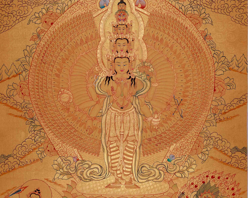 Gold Style Lokeshvara Thangka | 1000 Armed Chenresig Avalokiteshvara Painting