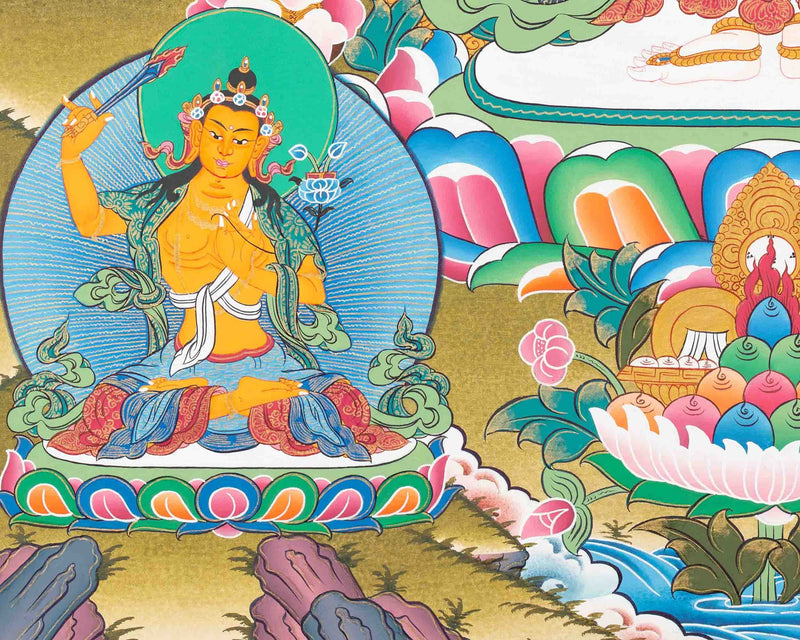 1000 Armed Lokeshvara Thangka with White Tara, Amitabha, Manjushri, and Vajrapani