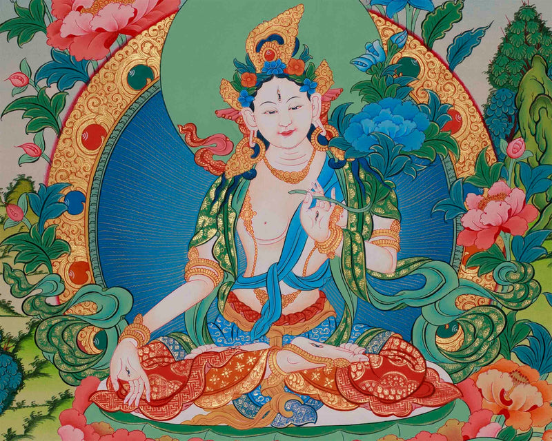 Original Hand-Painted White Tara and Namtose Thangka | Fine Quality Thangka Painting |