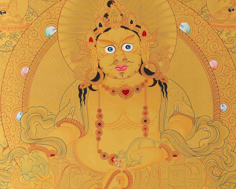 Dzambhala Flanked with 5 Buddhas on Top of His Head | Kubera Thangka Painting |