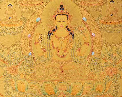 Original 24K Full Gold Four-Armed Chenrezig with Five Dhyani Buddhas, Manjushri, and Vajrapani |