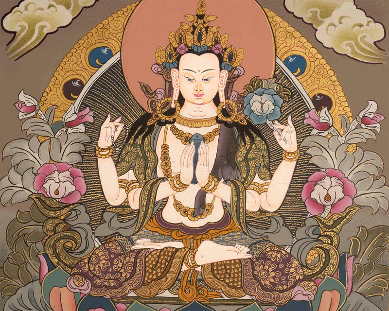 Beautifully Hand-Painted Four-Armed Chengrezig | Avalokiteshvara Thangka Painting | Compassionate Bodhisattva | Spiritual and Religious Arts