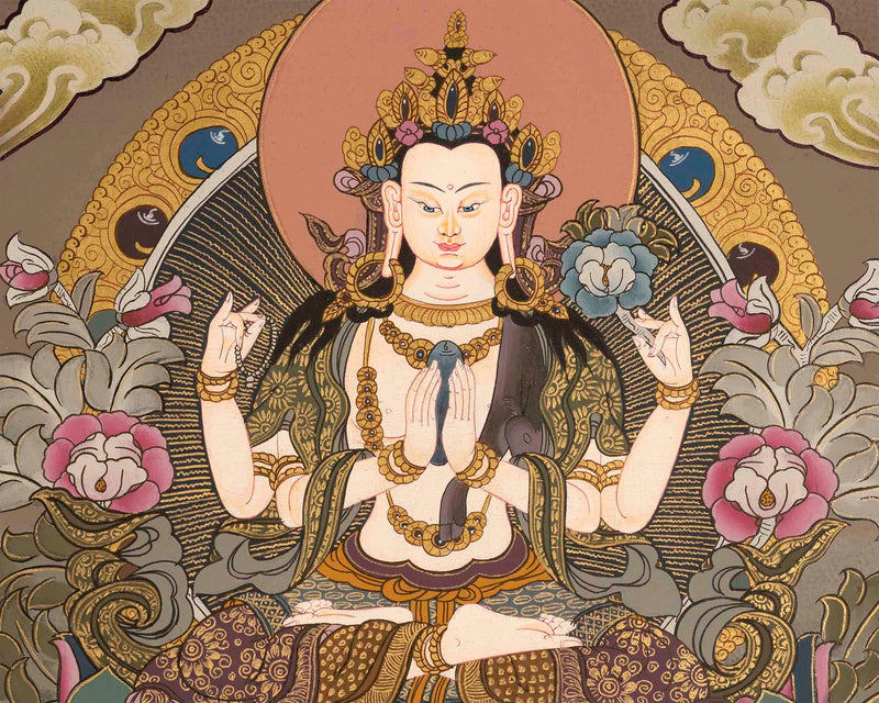 Beautifully Hand-Painted Four-Armed Chengrezig | Avalokiteshvara Thangka Painting | Compassionate Bodhisattva | Spiritual and Religious Arts