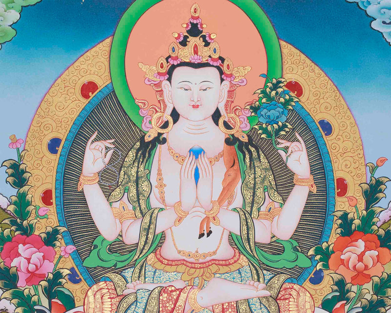 Four Armed Chengrezig Thangka | Tibetan Buddhism Arts