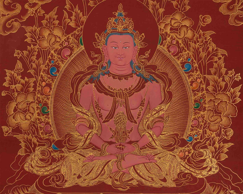 Amitayus Buddha Thangka | Hand-Painted on Red Background for Longevity and Wisdom